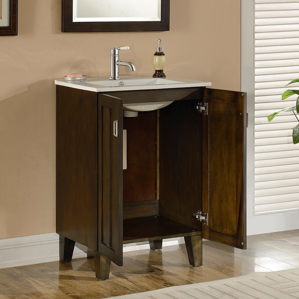 24" Country Style Bath Vanity with Ceramic Top and Integrated Sink in Brown Finish