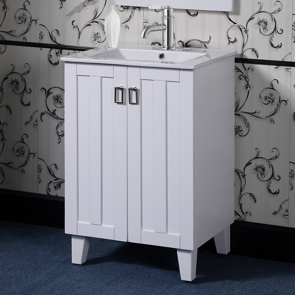 24" Country Style Bath Vanity with Ceramic Top and Integrated Sink in White Finish