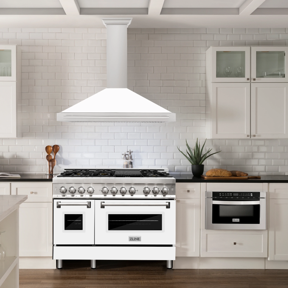 ZLINE 48" DuraSnow® Stainless Steel Range Hood with White Matte Shell and Stainless Steel Handle