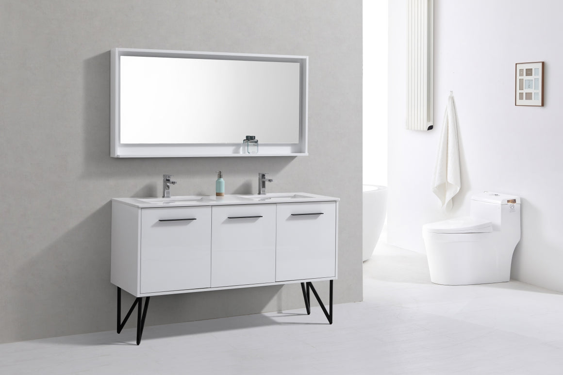 Bosco 60" White Gloss Double Sink Modern Bathroom Vanity w/ Quartz Countertop and Matching Mirror