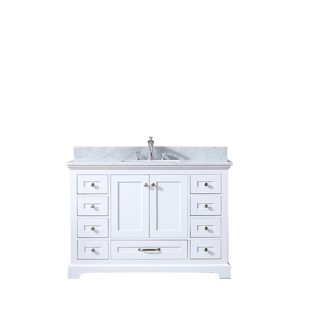 Dukes 48" Single Vanity White, White Carrera Marble Top, White Square Sink and no Mirror