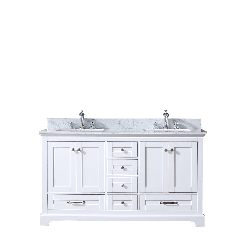 Dukes 60" Double Vanity White, White Carrera Marble Top, White Square Sinks and no Mirror