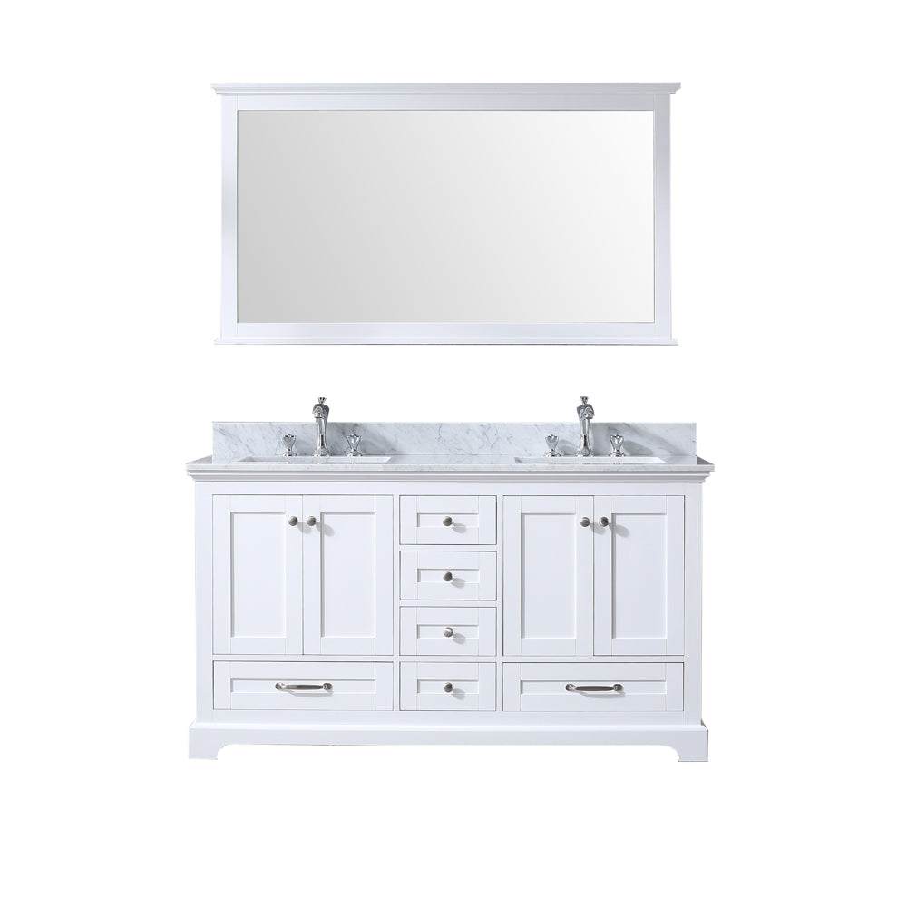 Dukes 60" Double Vanity White, White Carrera Marble Top, White Square Sinks and 58" Mirror