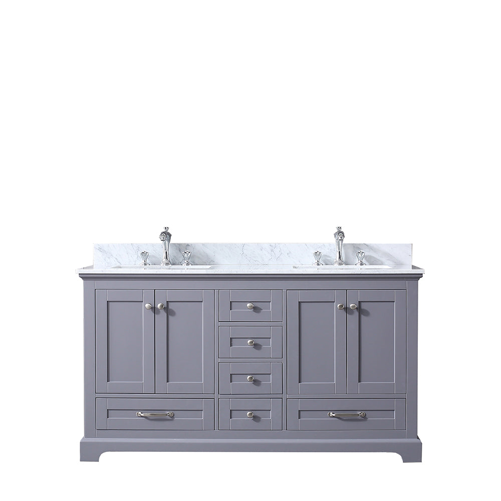 Dukes 60" Double Vanity Dark Grey, White Carrera Marble Top, White Square Sinks and no Mirror