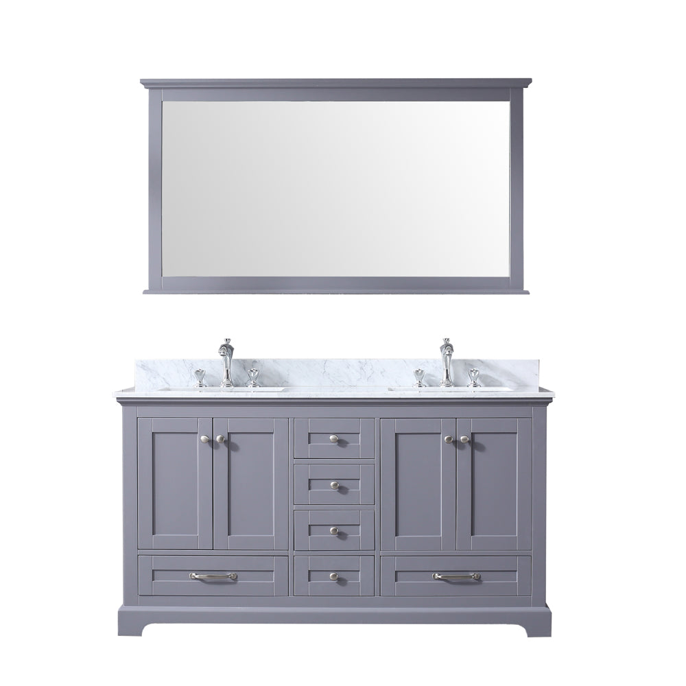 Dukes 60" Double Vanity Dark Grey, White Carrera Marble Top, White Square Sinks and 58" Mirror