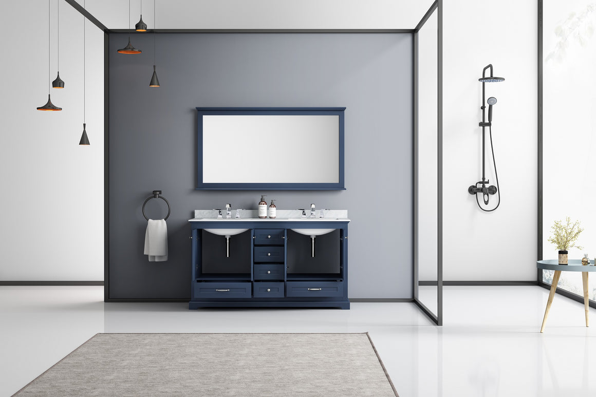 Dukes 60" Navy Blue Double Vanity, White Carrara Marble Top, White Square Sinks and 58" Mirror with Faucets