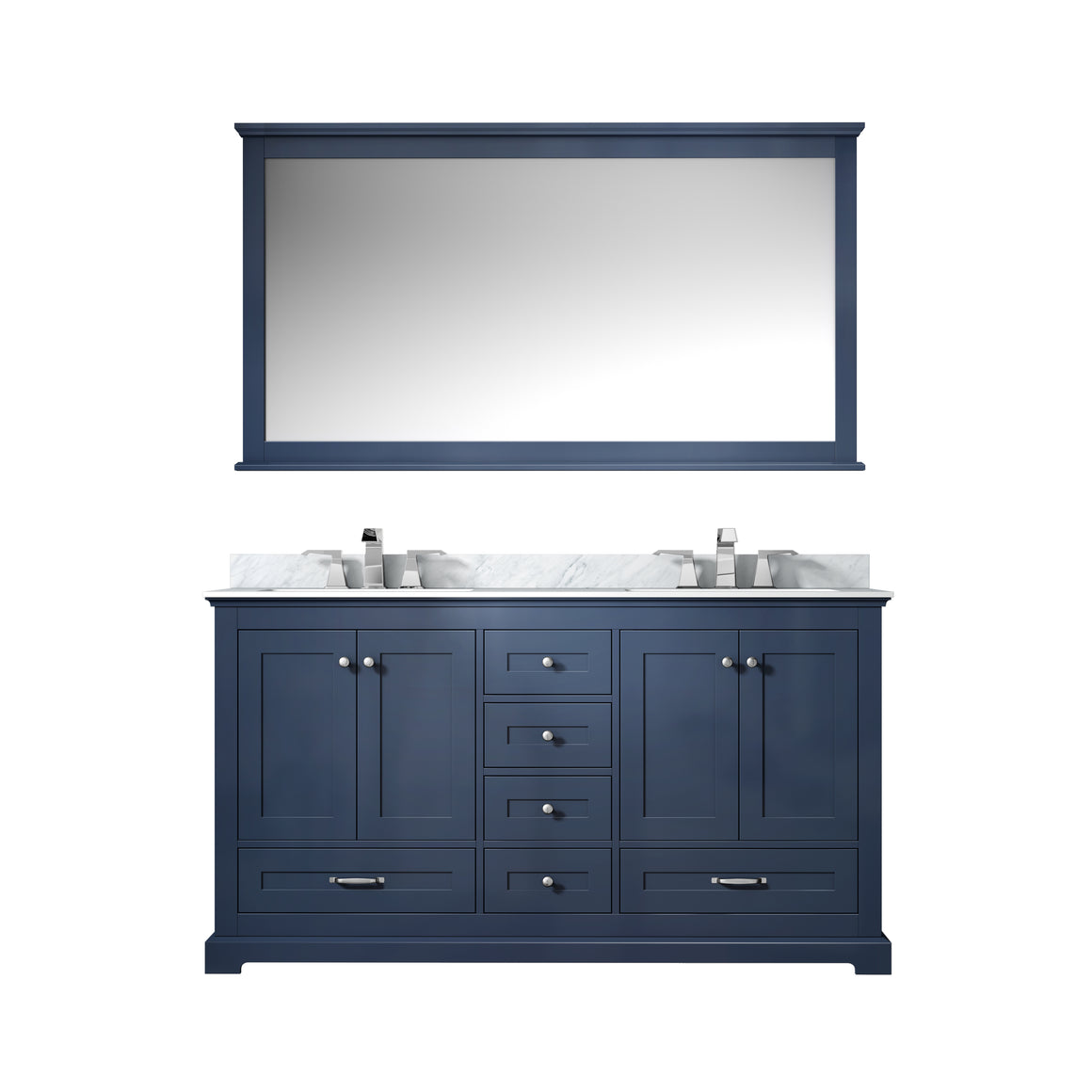 Dukes 60" Navy Blue Double Vanity, White Carrara Marble Top, White Square Sinks and 58" Mirror
