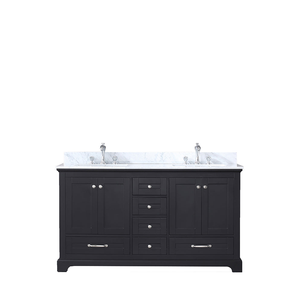 Dukes 60" Double Vanity Espresso, White Carrera Marble Top, White Square Sinks and no Mirror