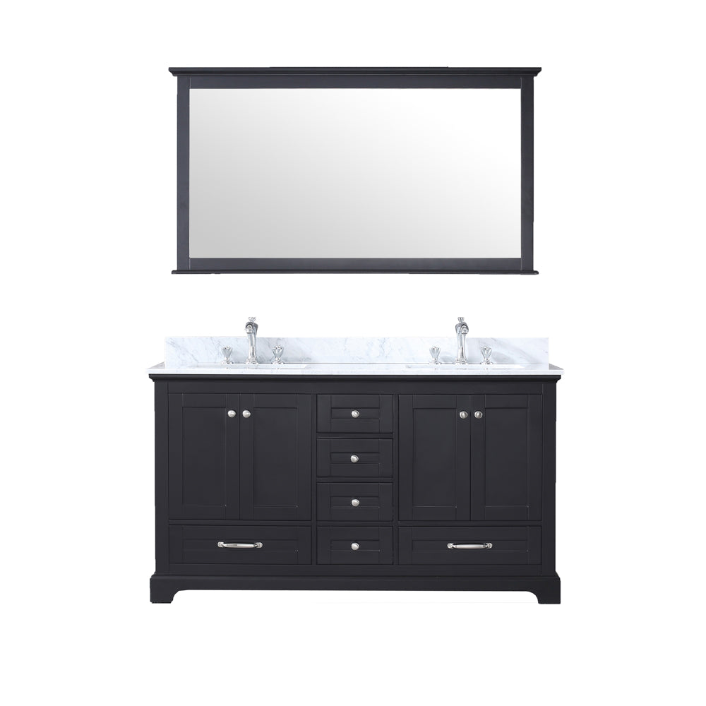 Dukes 60" Double Vanity Espresso, White Carrera Marble Top, White Square Sinks and 58" Mirror