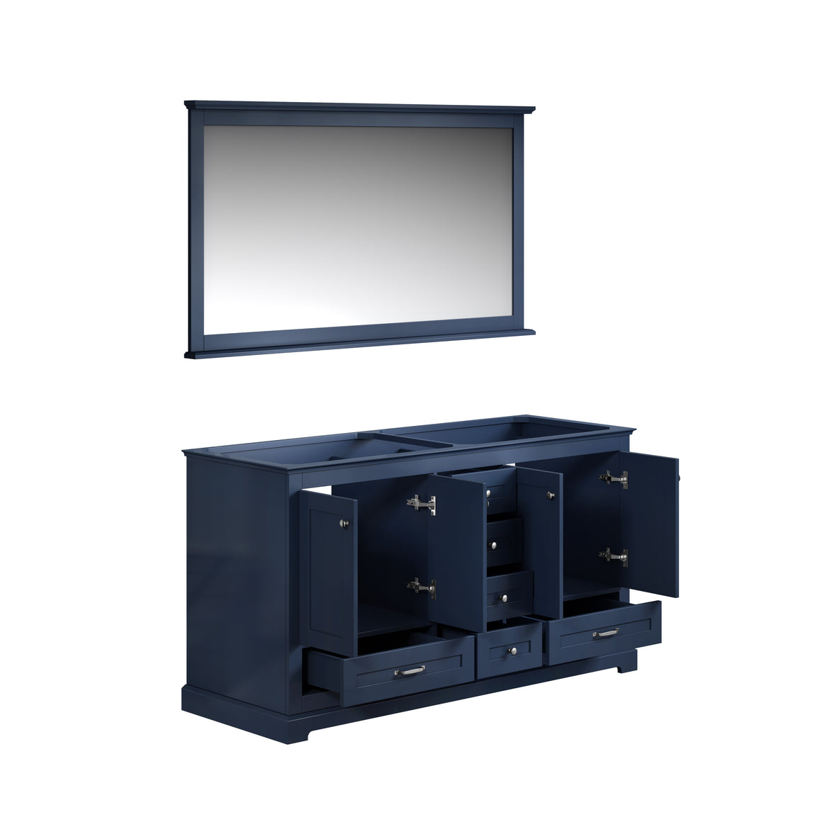 Dukes 60" Navy Blue Double Vanity, no Top and 58" Mirror