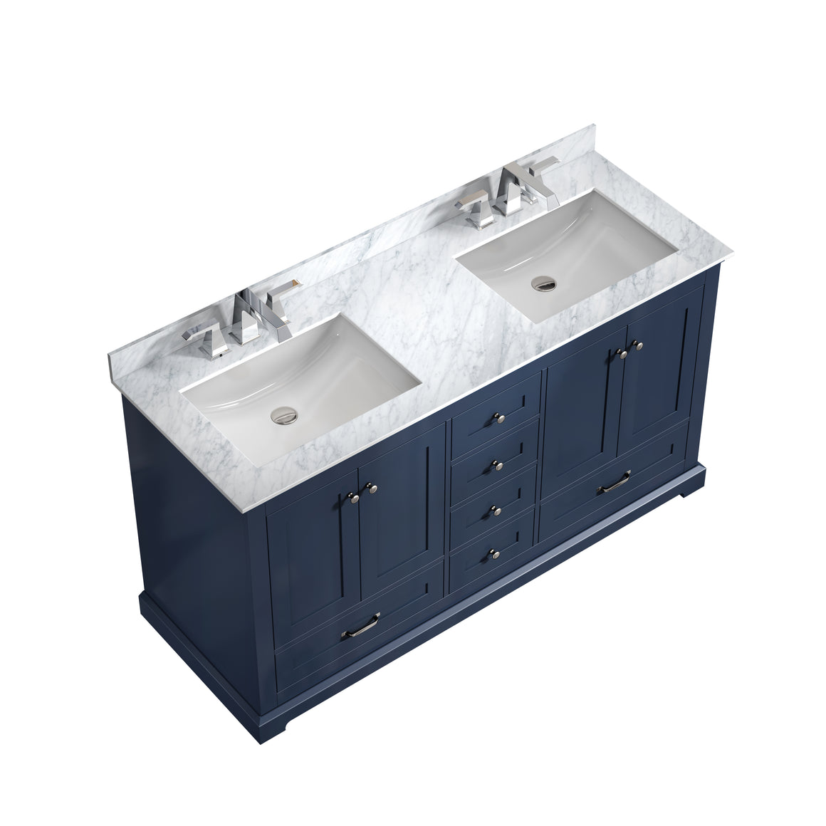 Dukes 60" Navy Blue Double Vanity, White Carrara Marble Top, White Square Sinks and no Mirror