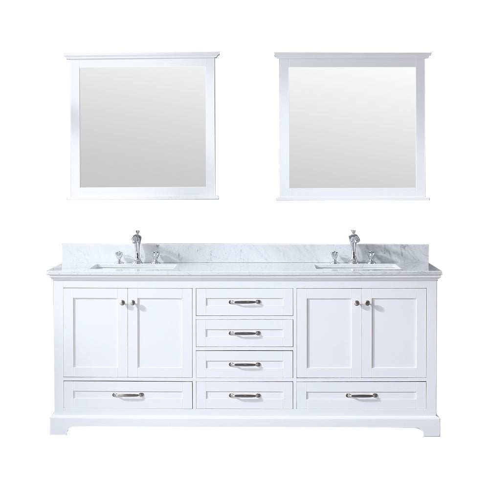Dukes 80" Double Vanity White, White Carrera Marble Top, White Square Sinks and 30" Mirrors