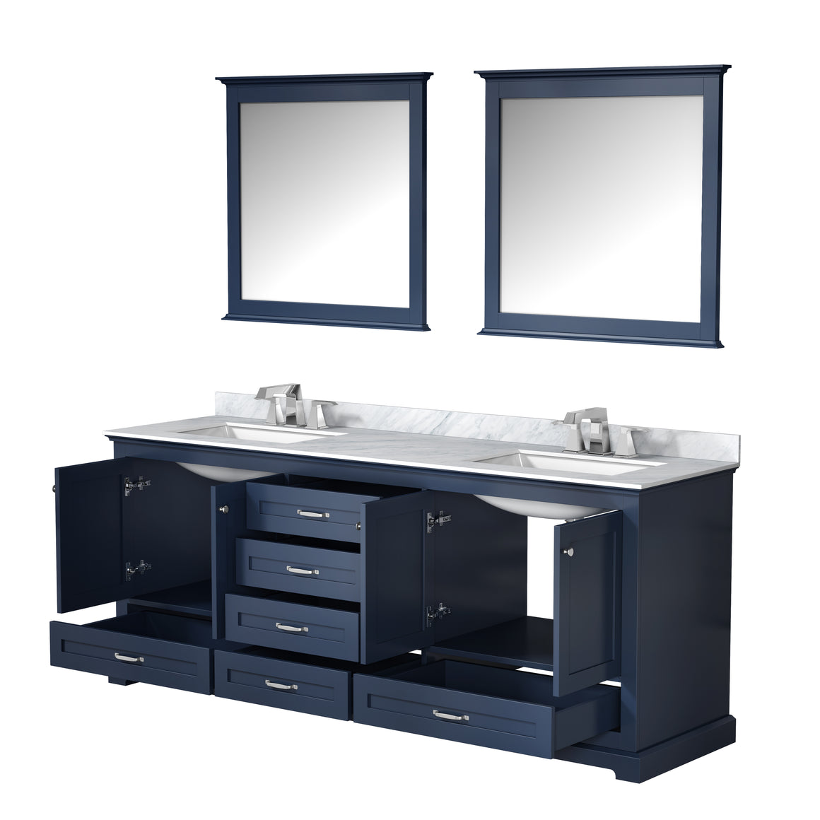 Dukes 80" Navy Blue Double Vanity, White Carrara Marble Top, White Square Sinks and no Mirror