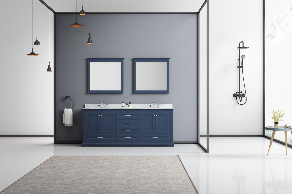 Dukes 80" Navy Blue Double Vanity, White Carrara Marble Top, White Square Sinks and 30" Mirrors with Faucets