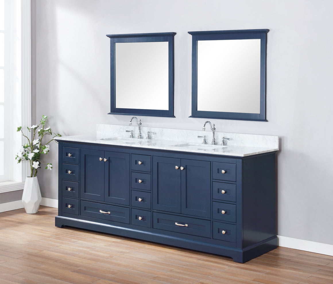 Dukes 84" Navy Blue Double Vanity, White Carrara Marble Top, White Square Sinks and 34" Mirrors