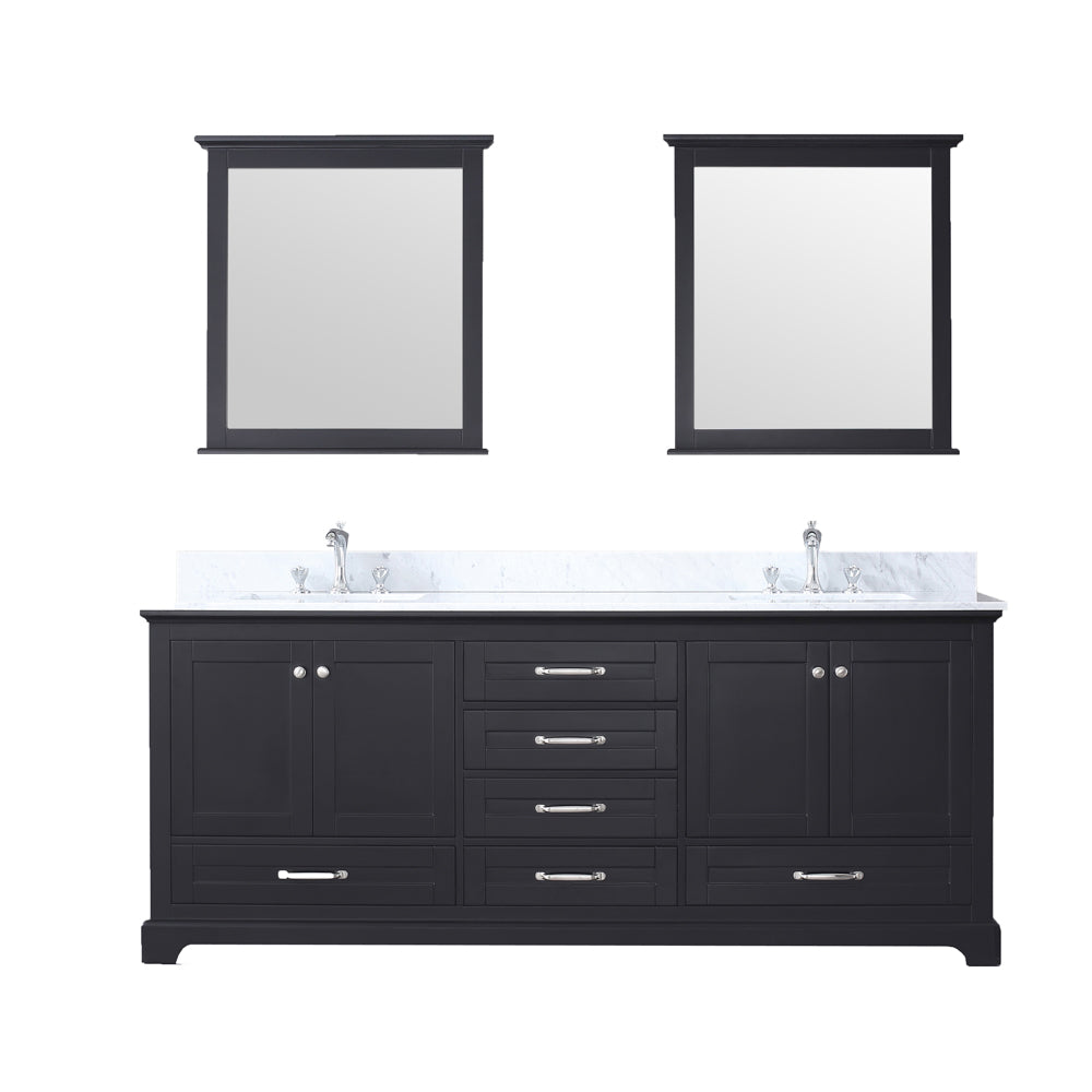 Dukes 80" Double Vanity Espresso, White Carrera Marble Top, White Square Sinks and 30" Mirrors