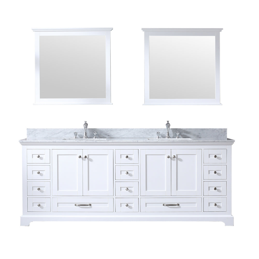 Dukes 84" Double Vanity White, White Carrera Marble Top, White Square Sinks and 34" Mirrors