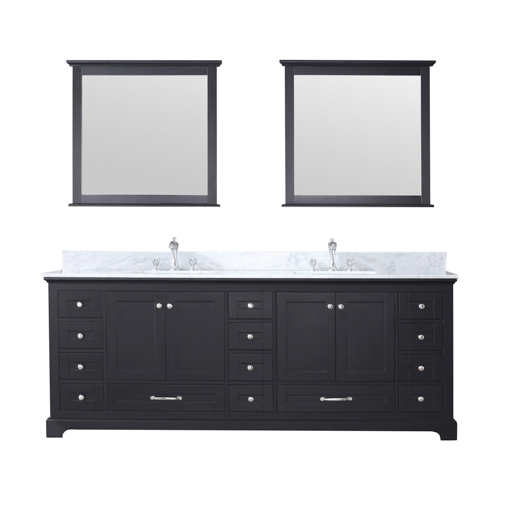 Dukes 84" Double Vanity Espresso, White Carrera Marble Top, White Square Sinks and 34" Mirrors