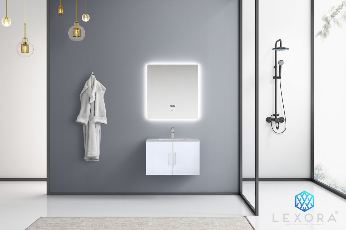 Geneva 30" Glossy White Single Vanity, White Carrara Marble Top, White Square Sink and no Mirror