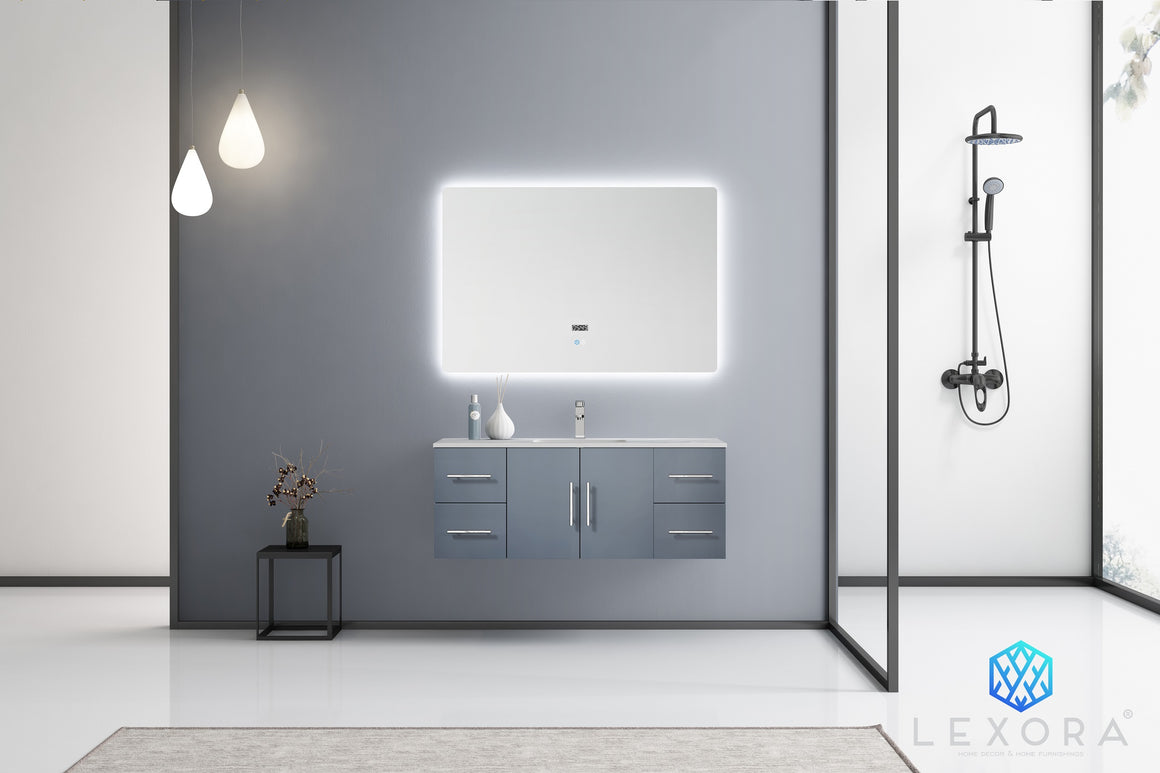 Geneva 48" Dark Grey Single Vanity, White Carrara Marble Top, White Square Sink and 48" LED Mirror w/ Faucet