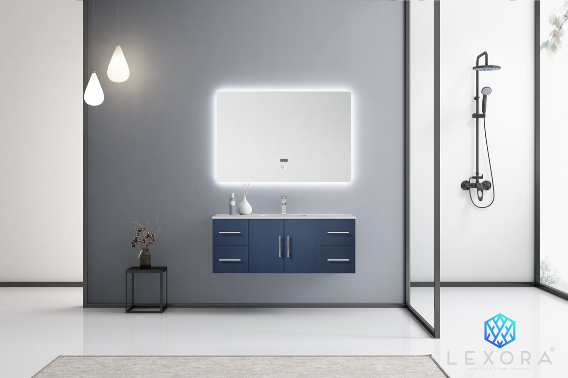 Geneva 48" Navy Blue Single Vanity, White Carrara Marble Top, White Square Sink and 48" LED Mirror w/ Faucet