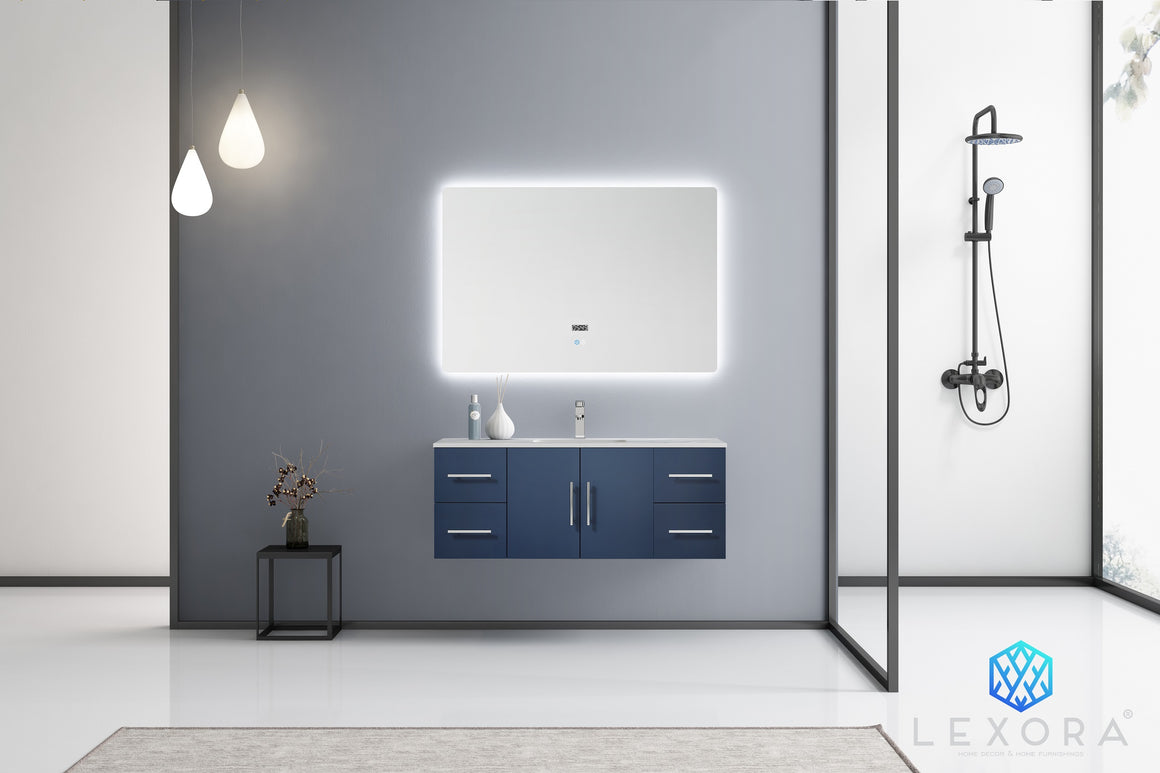 Geneva 48" Navy Blue Single Vanity, White Carrara Marble Top, White Square Sink and 48" LED Mirror