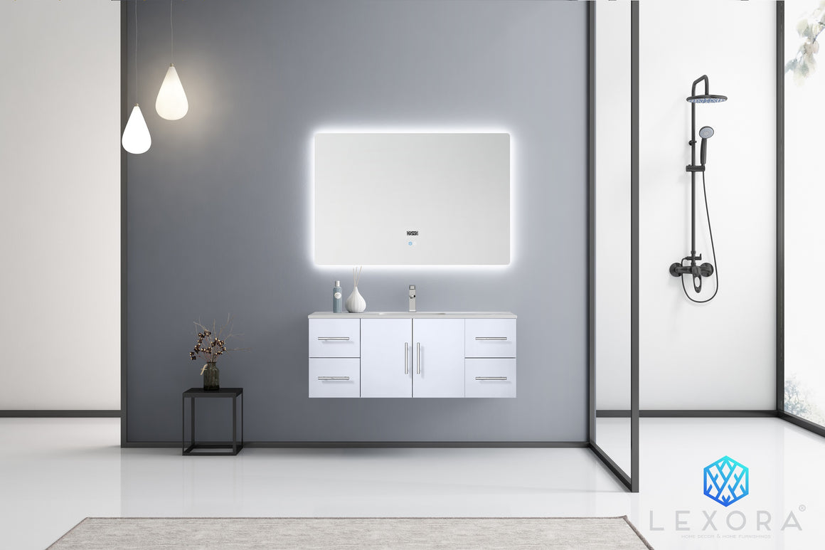 Geneva 48" Glossy White Single Vanity, White Carrara Marble Top, White Square Sink and 48" LED Mirror w/ Faucet