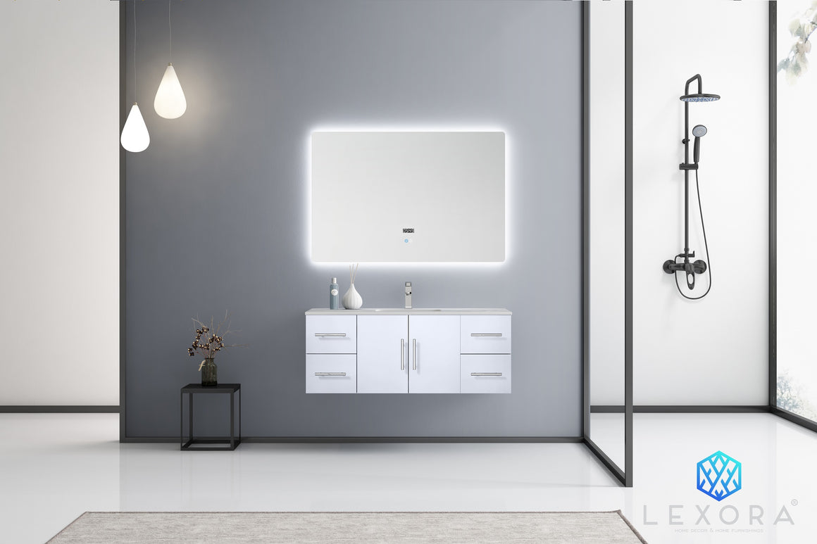 Geneva 48" Glossy White Single Vanity, no Top and 48" LED Mirror