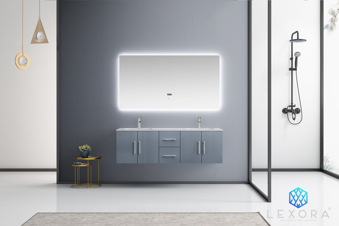 Geneva 60" Dark Grey Double Vanity, White Carrara Marble Top, White Square Sinks and 60" LED Mirror w/ Faucets
