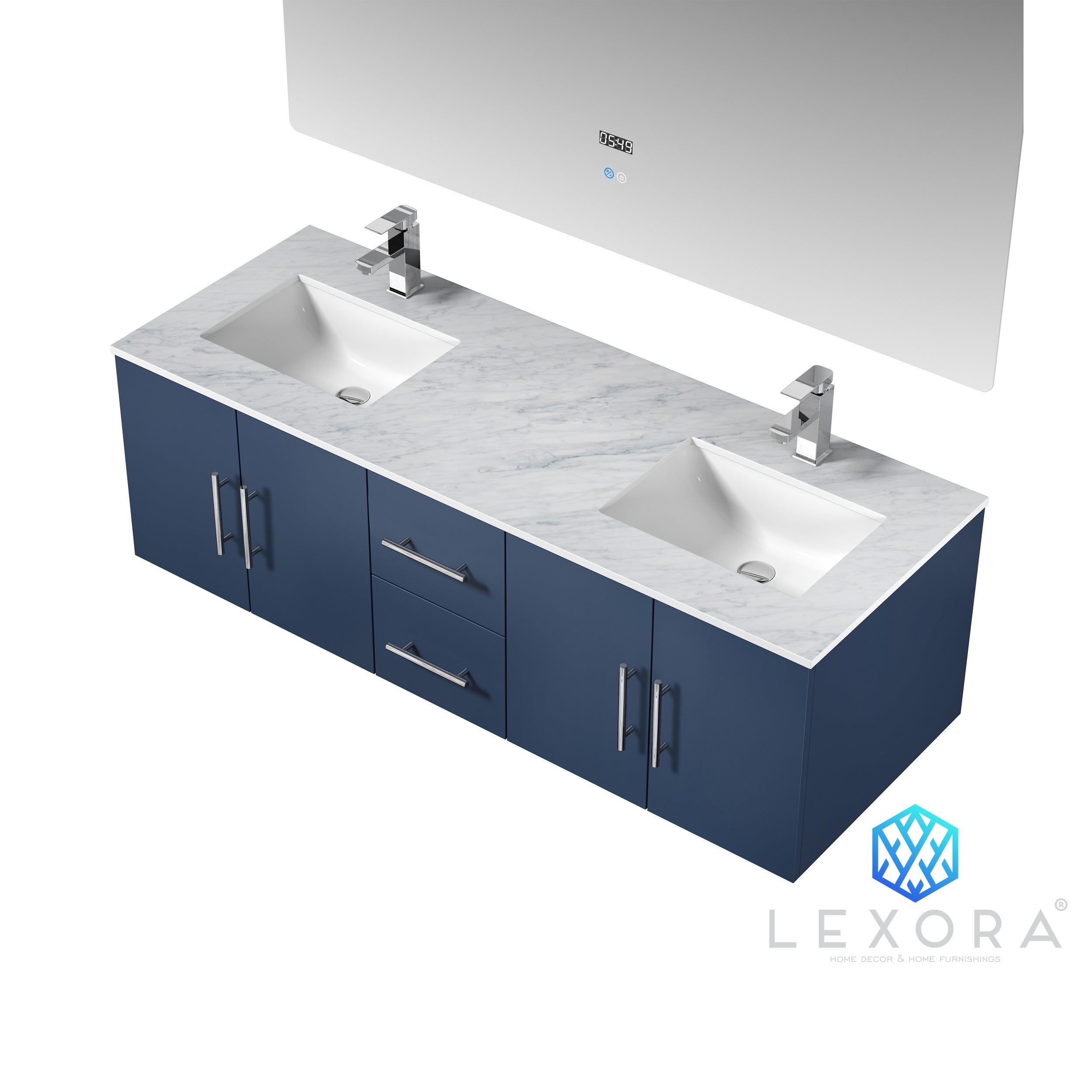 Dukes 84 Navy Blue Double Vanity, White Carrara Marble Top, White Squ -  HouseTie