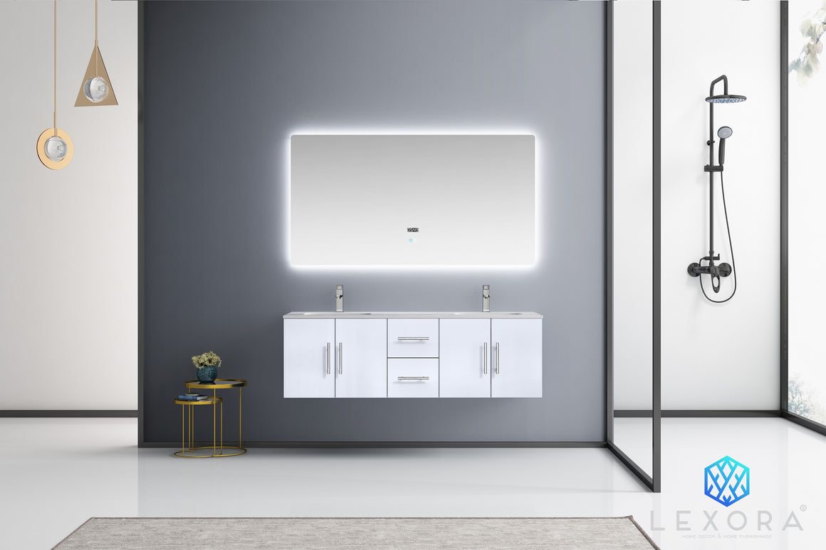 Geneva 60" Glossy White Double Vanity, no Top and 60" LED Mirror