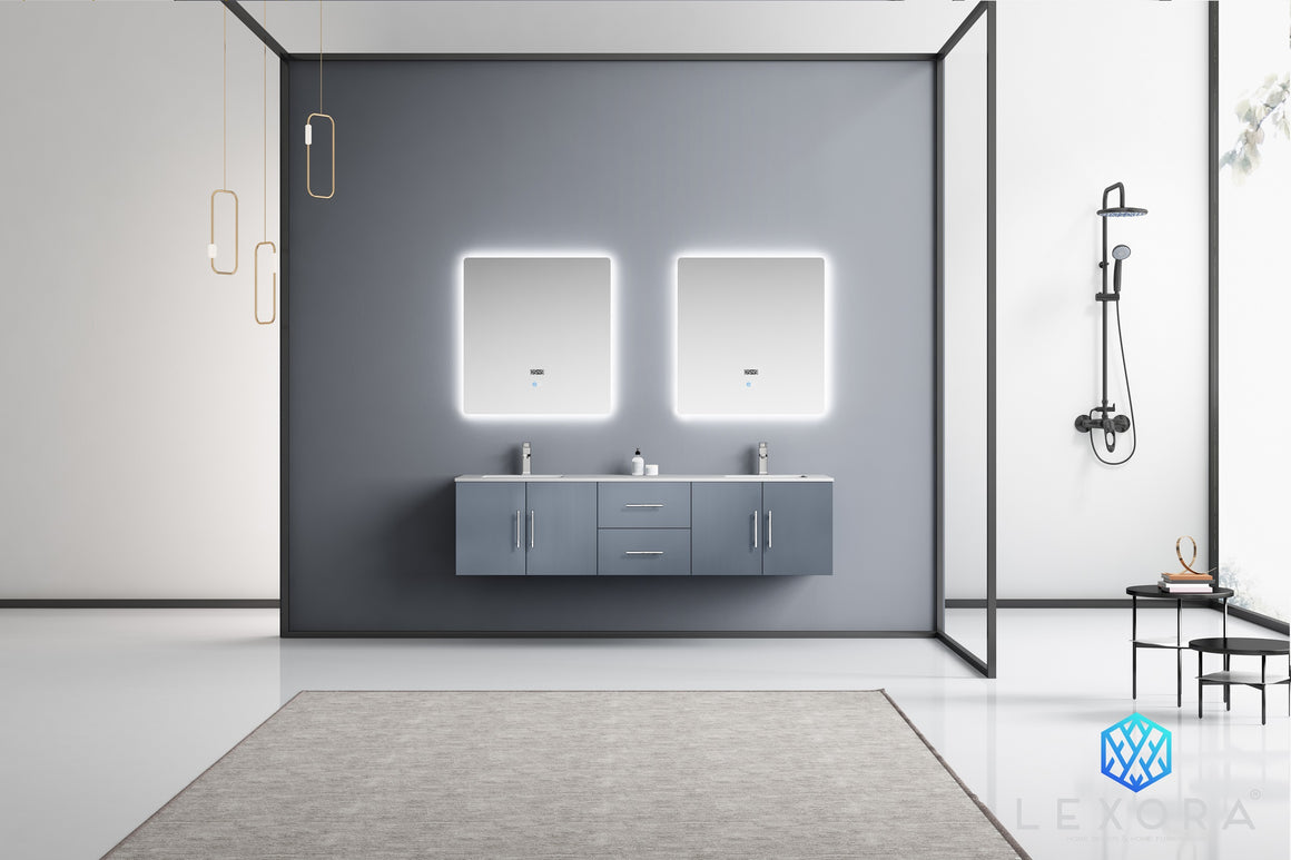 Geneva 72" Dark Grey Double Vanity, White Carrara Marble Top, White Square Sinks and no Mirror