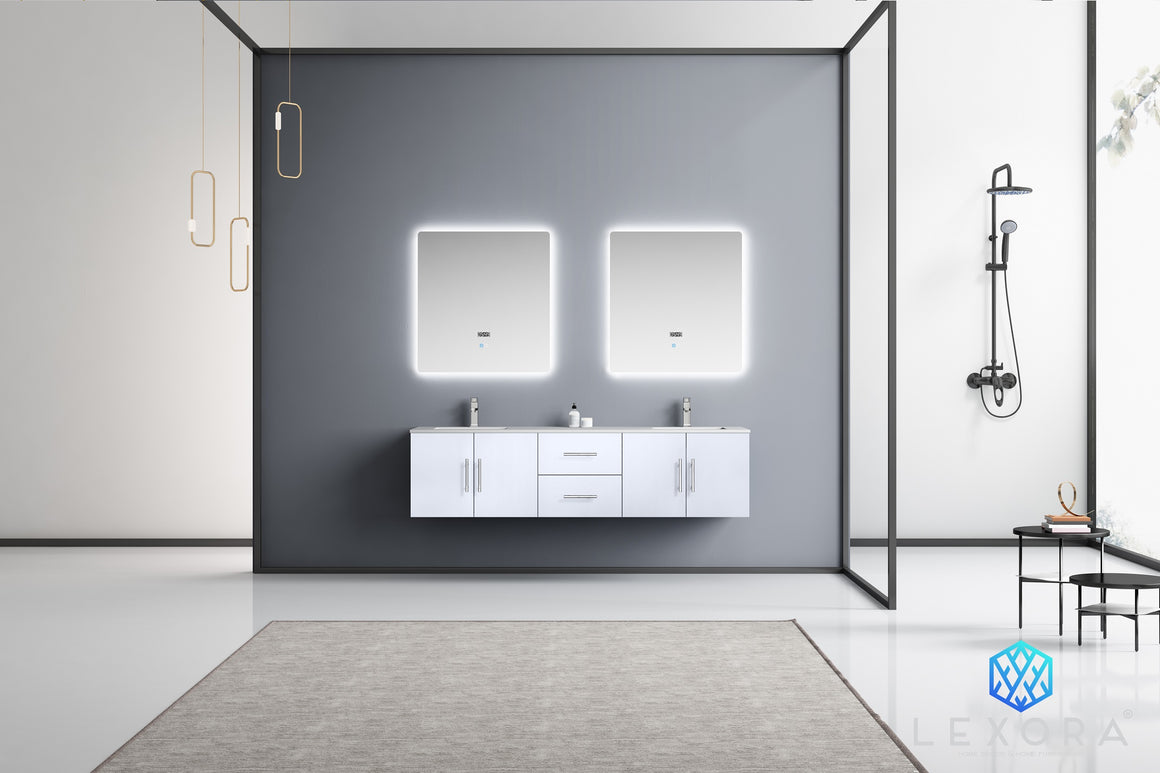 Geneva 72" Glossy White Double Vanity, White Carrara Marble Top, White Square Sinks and no Mirror