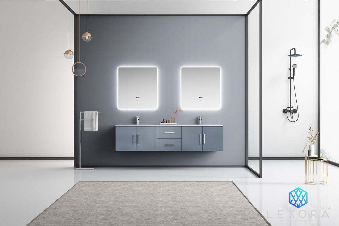 Geneva 80" Dark Grey Double Vanity, White Carrara Marble Top, White Square Sinks and 30" LED Mirrors w/ Faucets