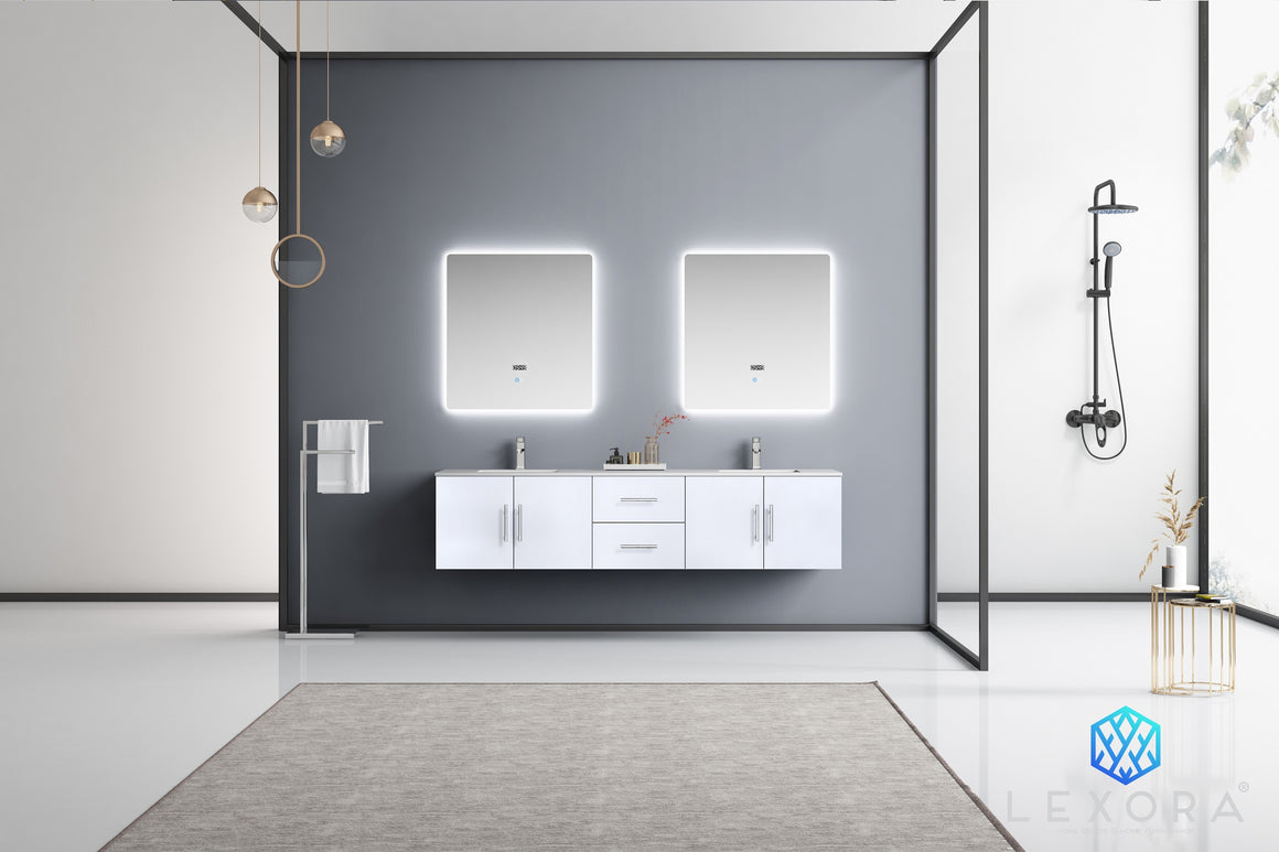 Geneva 80" Glossy White Double Vanity, White Carrara Marble Top, White Square Sinks and 30" LED Mirrors