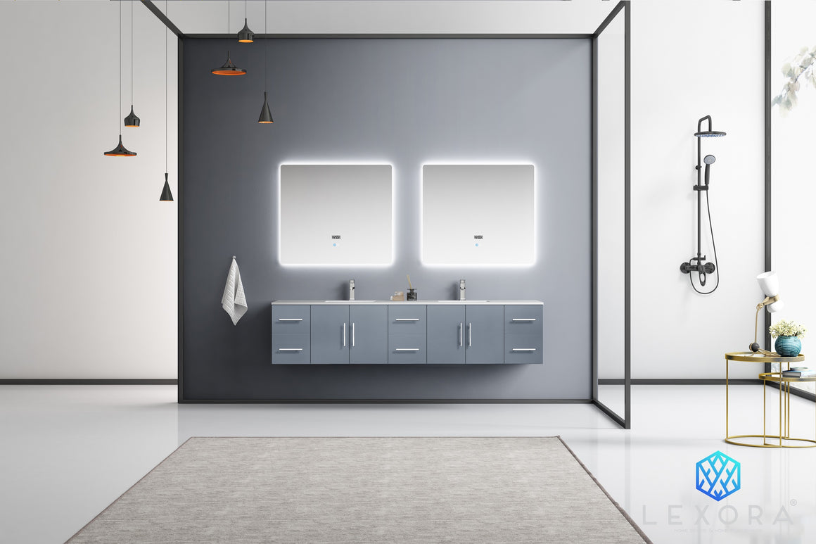 Geneva 84" Dark Grey Double Vanity, White Carrara Marble Top, White Square Sinks and no Mirror