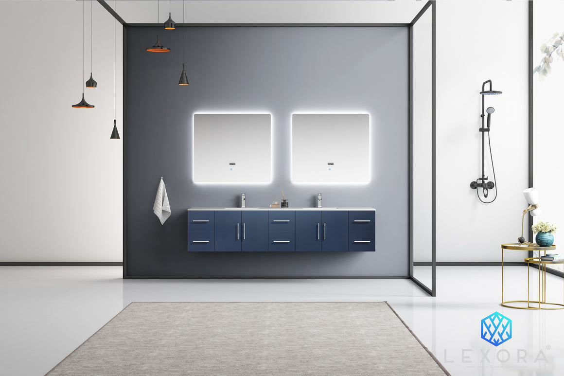 Geneva 84" Navy Blue Double Vanity, White Carrara Marble Top, White Square Sinks and 36" LED Mirrors w/ Faucets