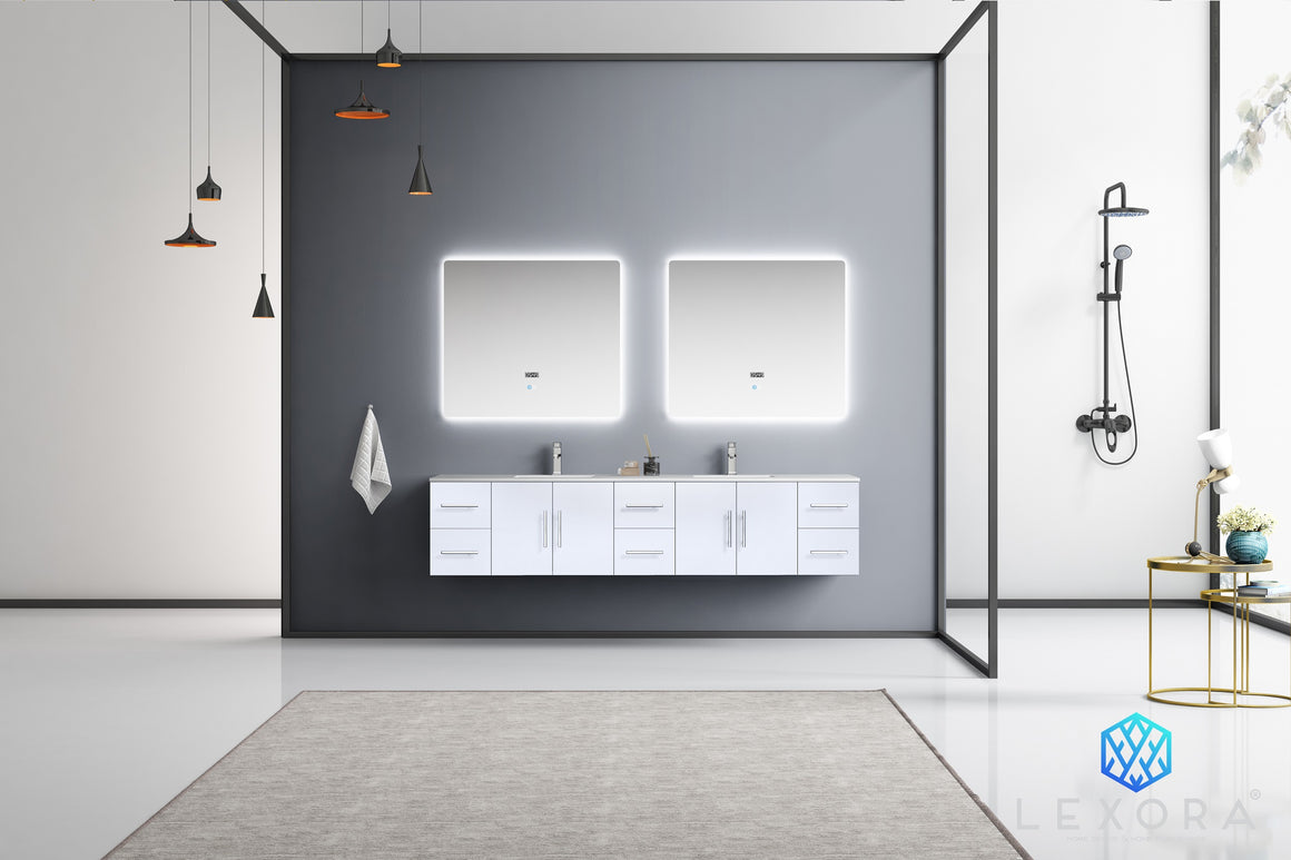 Geneva 84" Glossy White Double Vanity, White Carrara Marble Top, White Square Sinks and 36" LED Mirrors