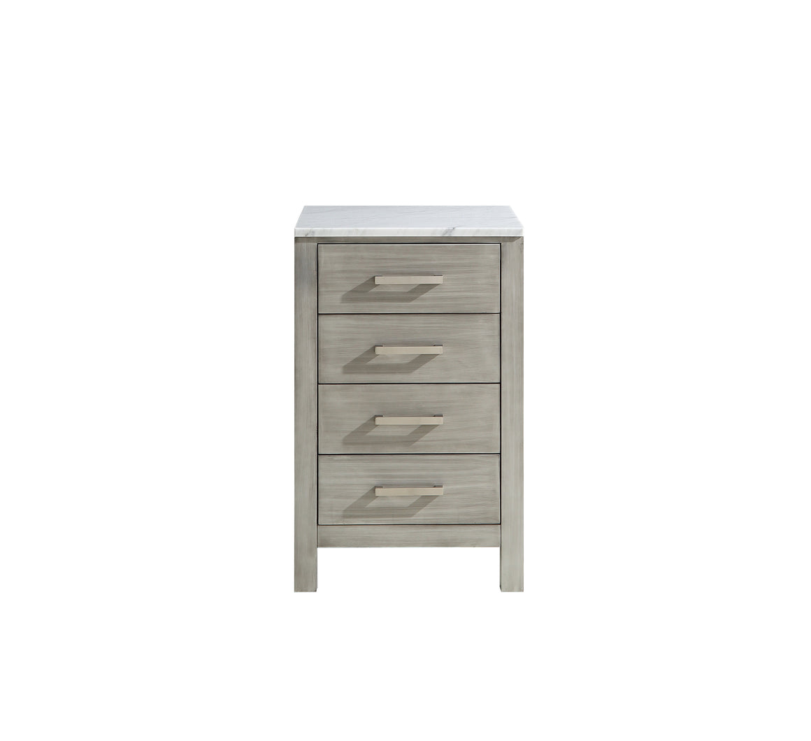 Jacques 20" Side Cabinet in Distressed Grey, White Carrara Marble Top