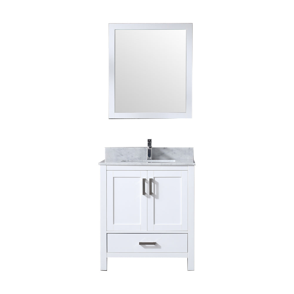 Jacques 30" Single Vanity White, White Carrera Marble Top, White Square Sink and 28" Mirror