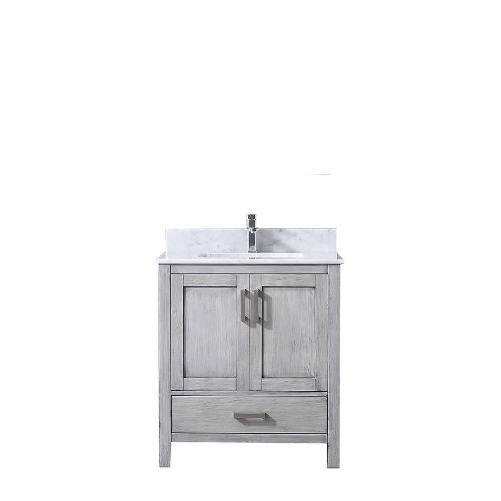 Jacques 30" Single  Vanity Distressed Grey, White Carrera Marble Top, White Square Sink and no Mirror