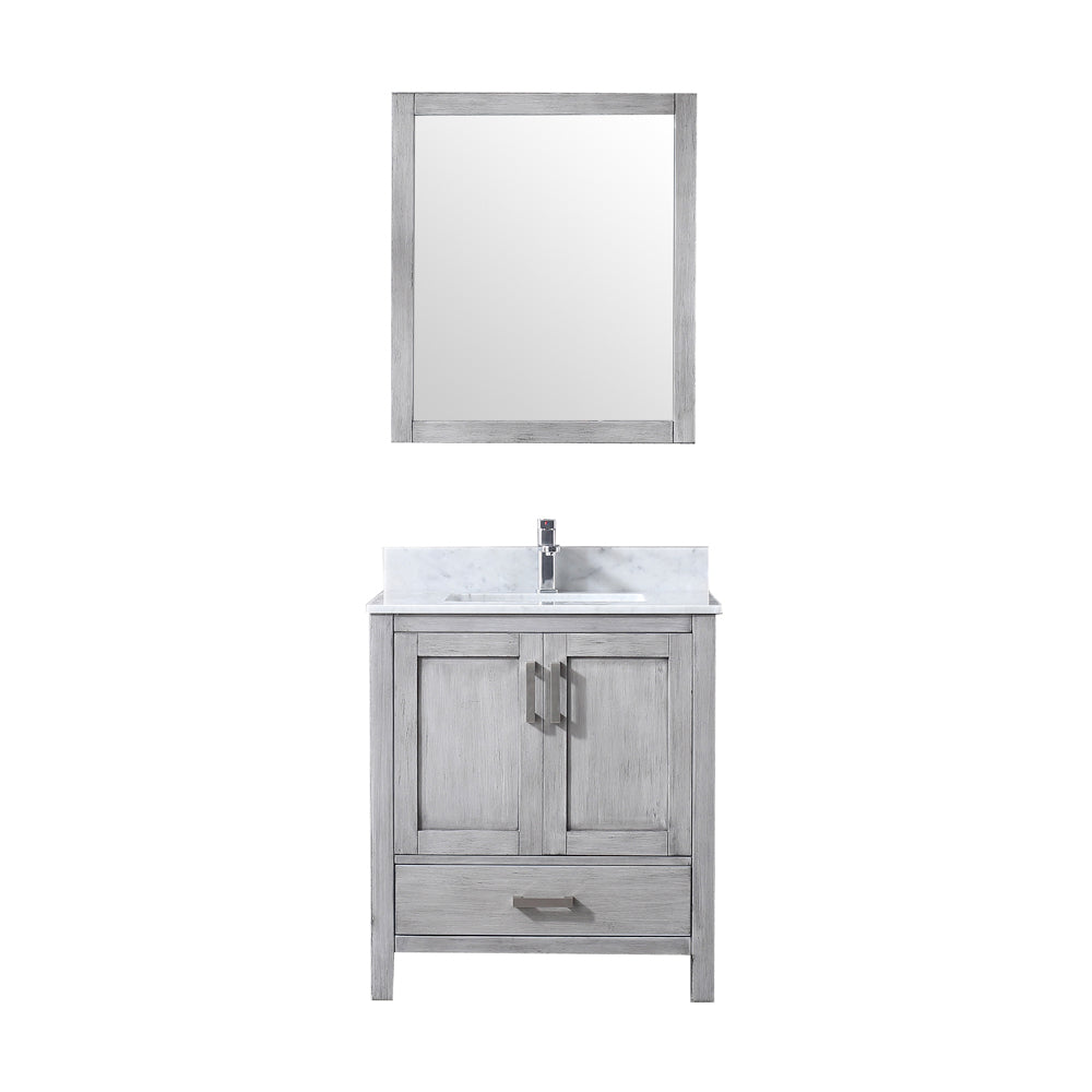 Jacques 30" Single Vanity Distressed Grey, White Carrera Marble Top, White Square Sink and 28" Mirror