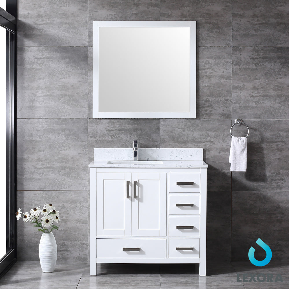 Jacques 36" White Single Vanity, White Carrara Marble Top, White Square Sink and 34" Mirror - Left Version