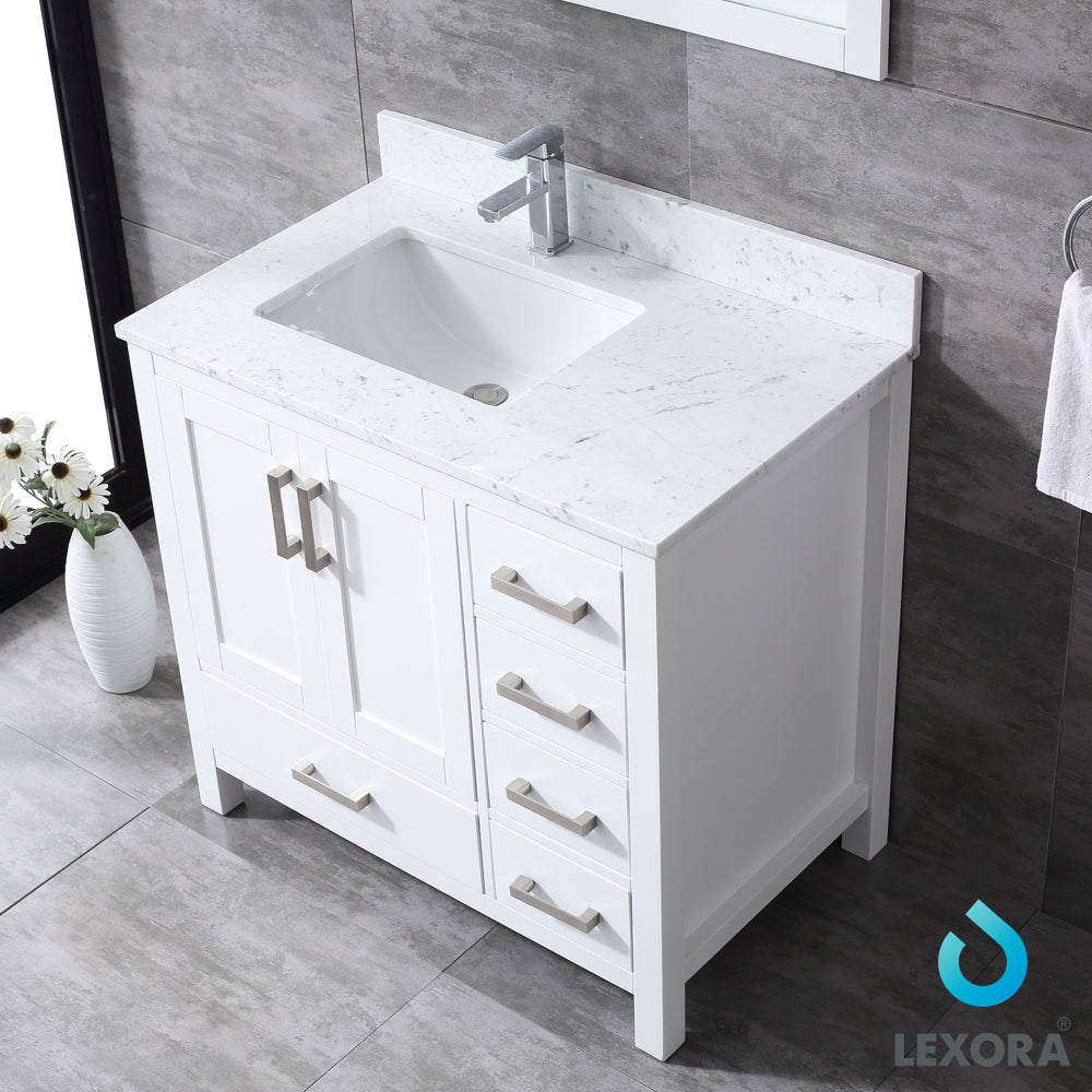 Jacques 36" White Single Vanity, White Carrara Marble Top, White Square Sink and no Mirror - Left Version