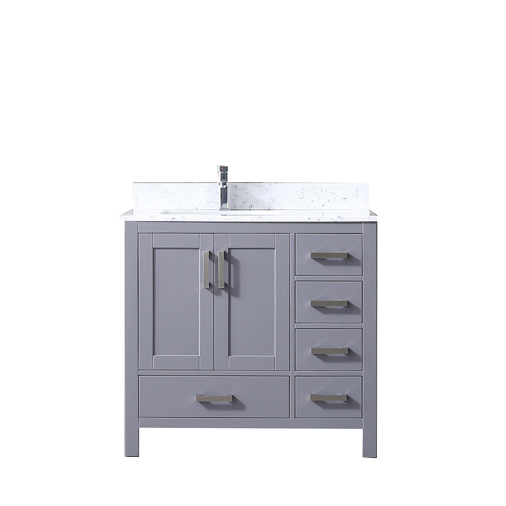 Jacques 36" Dark Grey Single Vanity, White Carrara Marble Top, White Square Sink and no Mirror - Left Version