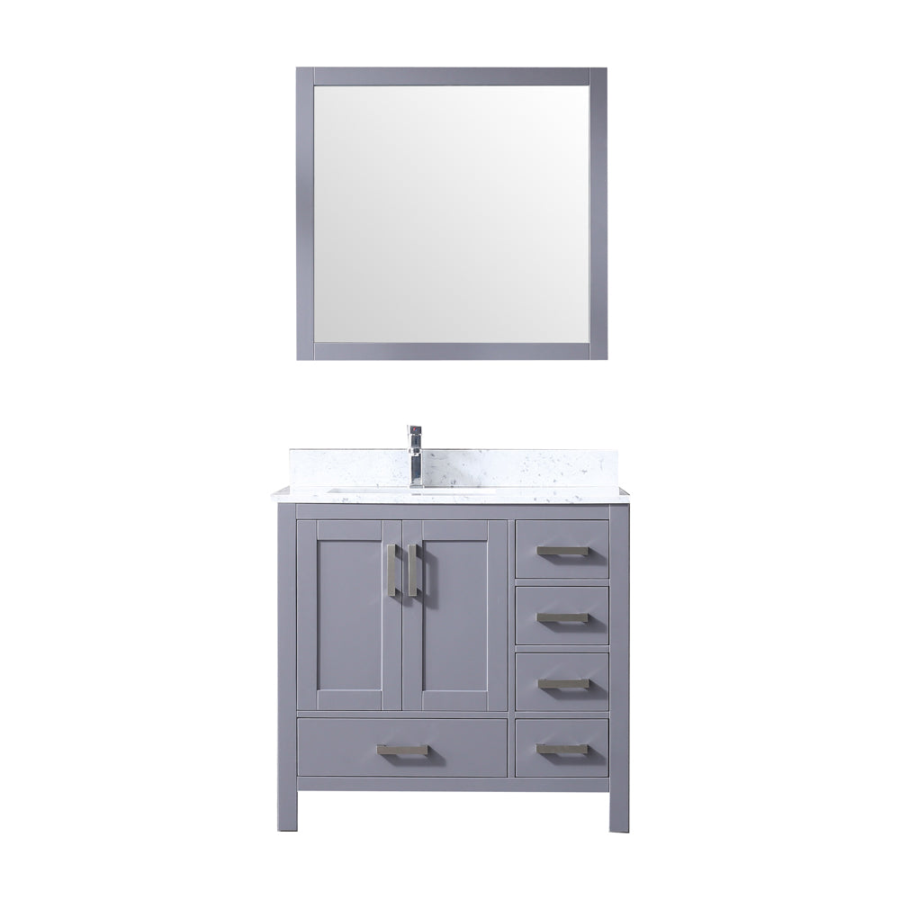 Jacques 36" Dark Grey Single Vanity, White Carrara Marble Top, White Square Sink and 34" Mirror - Left Version