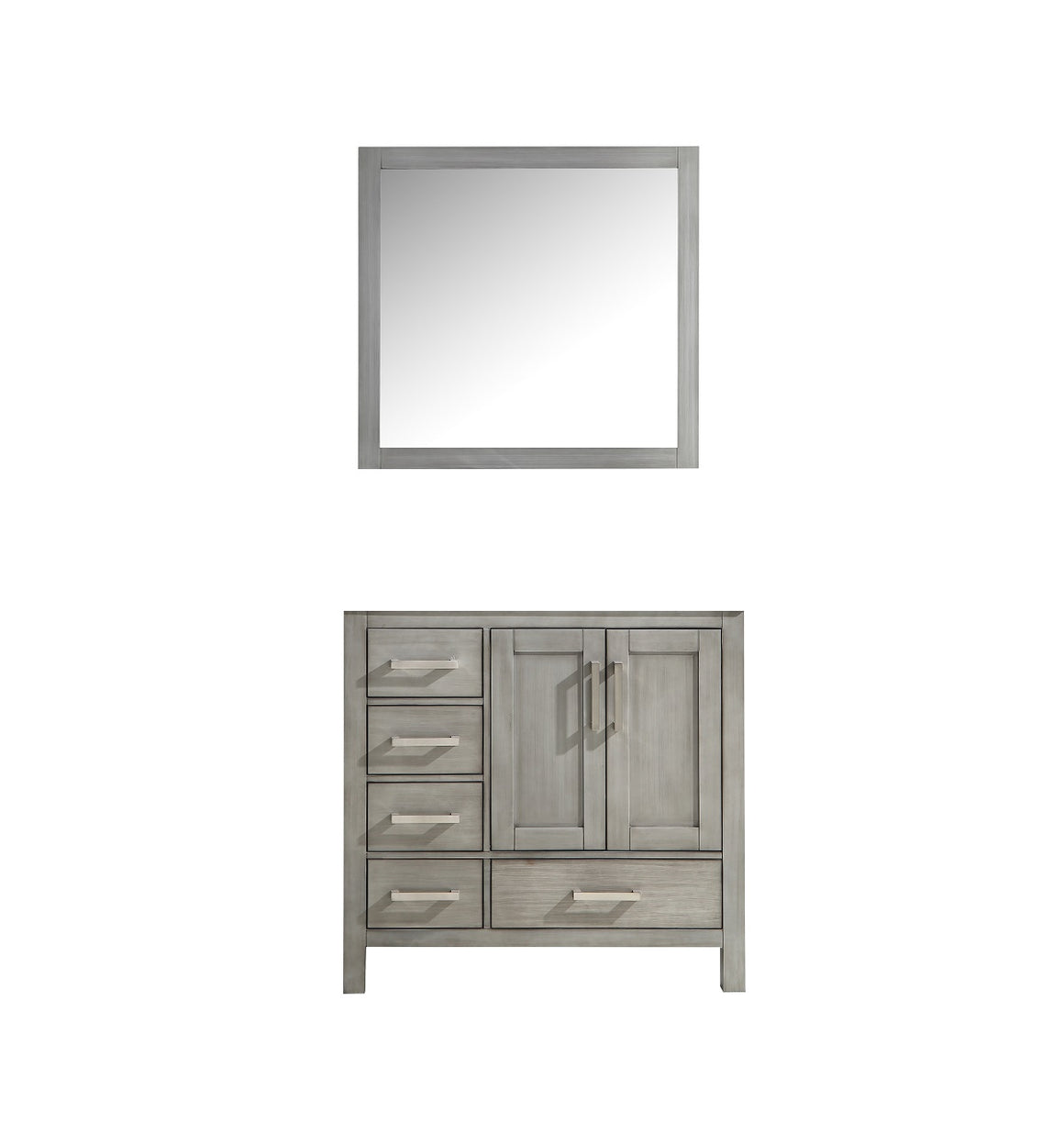Jacques 36" Distressed Grey Single Vanity, no Top and 34" Mirror - Right Version