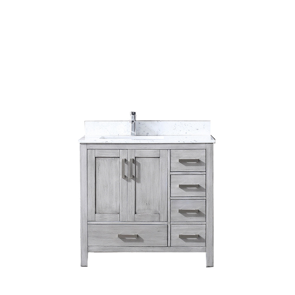 Jacques 36" Distressed Grey Single Vanity, White Carrara Marble Top, White Square Sink and no Mirror - Left Version
