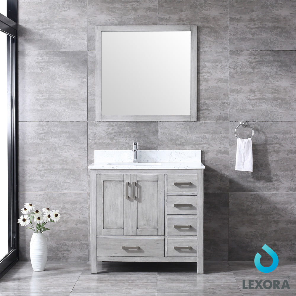 Jacques 36" Distressed Grey Single Vanity, White Carrara Marble Top, White Square Sink and 34" Mirror - Left Version