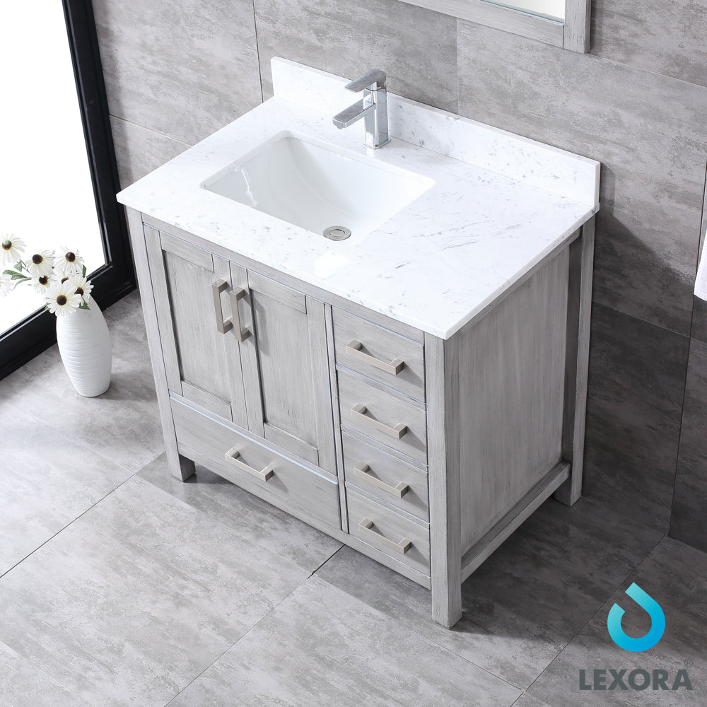 Jacques 36" Distressed Grey Single Vanity, White Carrara Marble Top, White Square Sink and no Mirror - Right Version